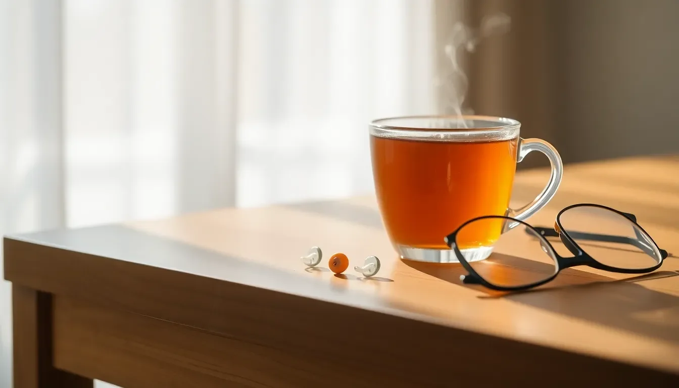 보청기를 착용한 노부부가 행복하게 웃으며 대화하는 모습